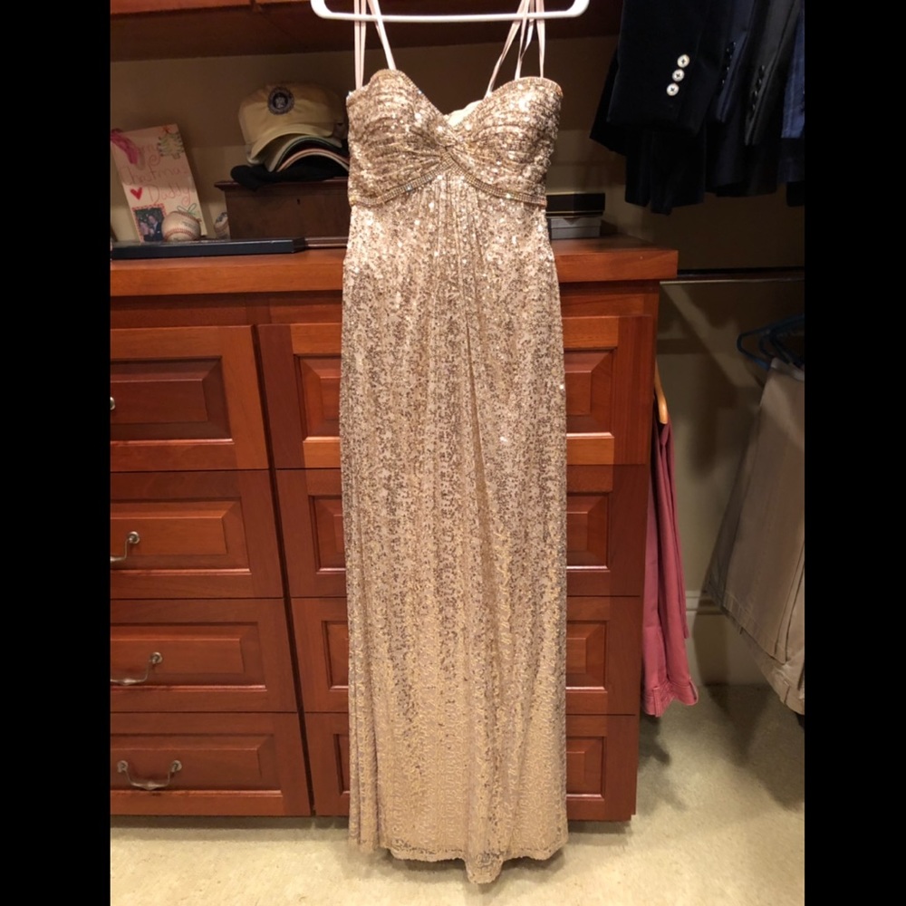 La Femme Gold Sequined Strapless Evening Gown